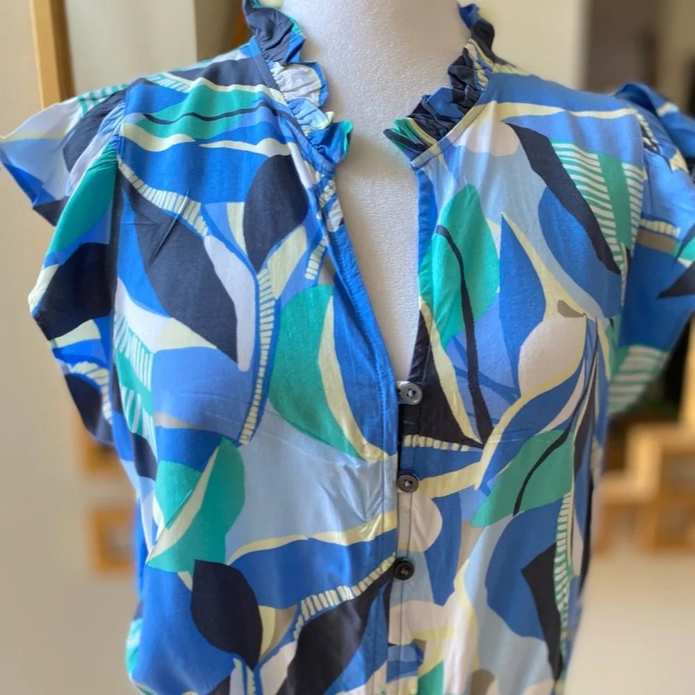 LOFT Blue Green Abstract Print Ruffle Sleeve Maxi Dress Large Petite - Picture 5 of 15